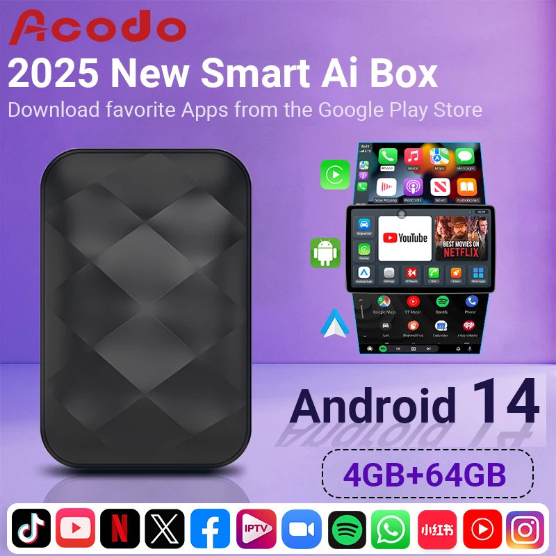 

Acodo New Android14 Wireless CarPlay Android Auto 3in1 Smart Box 4GB+64GB Built-in Xiaohongshu、Douyin、YouTubeother applications