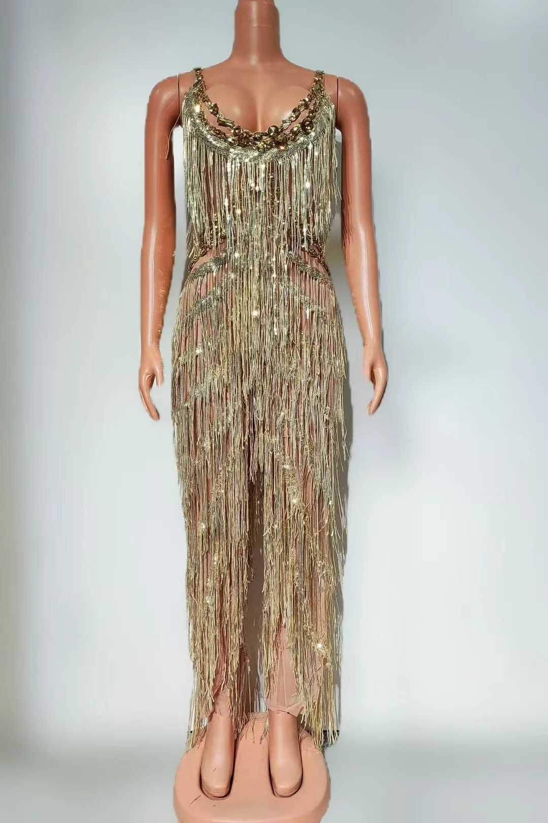 

Jinhui Gold Sleeveless Mesh Dance Costume Nightclub Singer Stage Rompers Sparkly Diamonds Sequins Fringes Luxury Jumpsuits