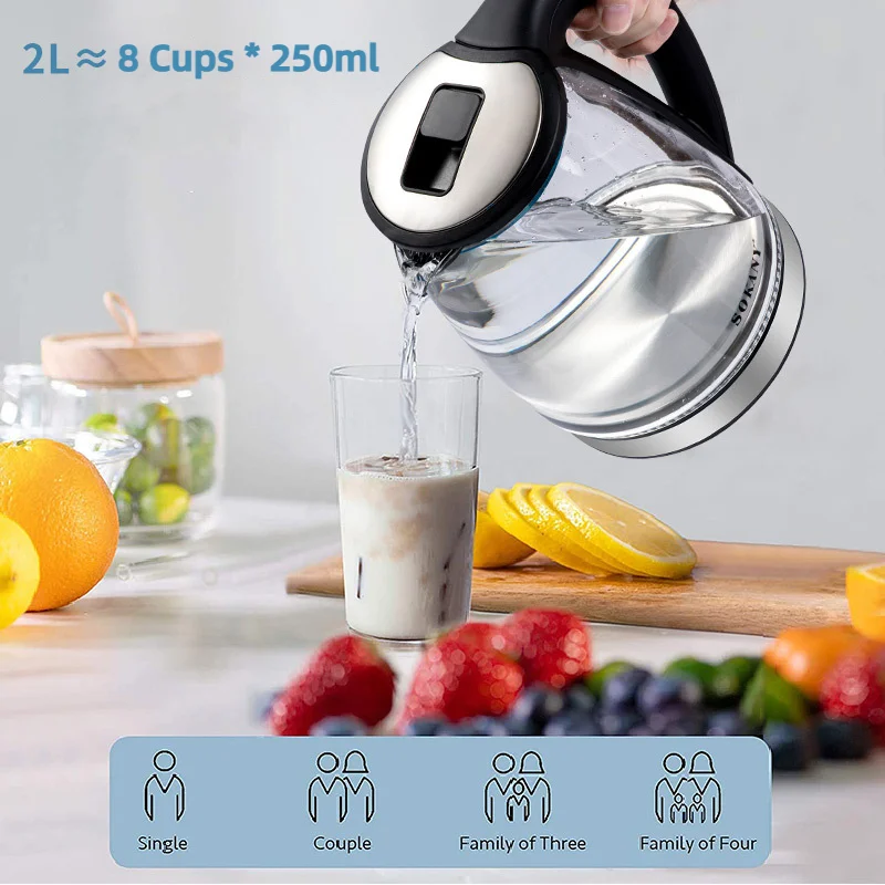 2.0L Electric Kettle Tea Coffee Thermo Pot Glass Hot Water Boiler 1500W Quick Boiling Kitchen Smart Kettle Temperature Control