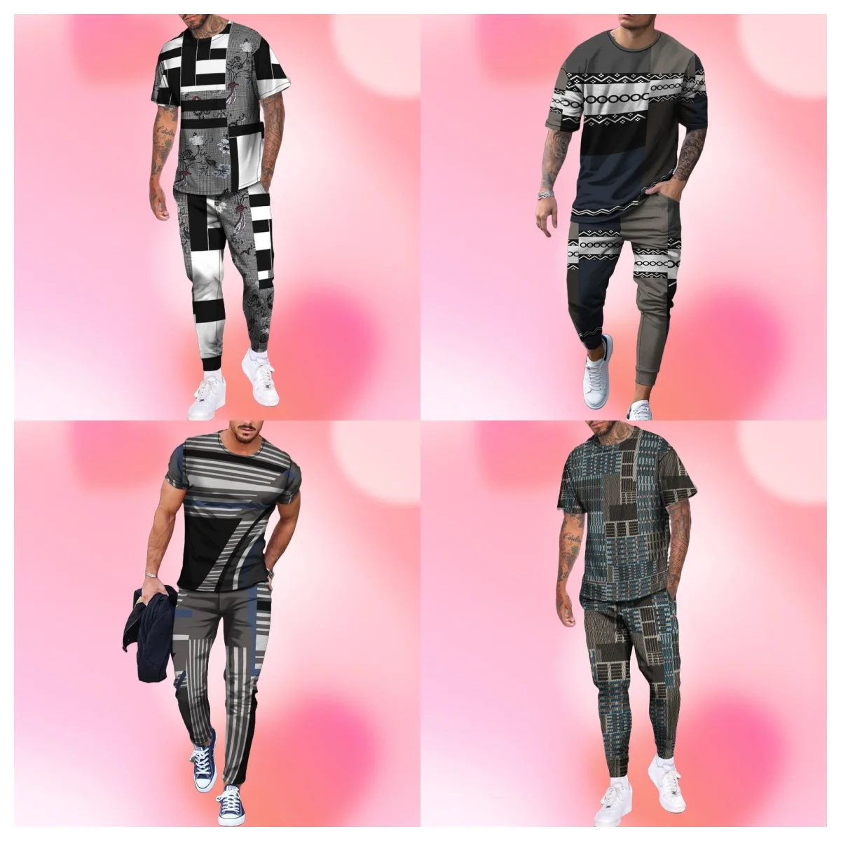 

Men's T-shirt Long Pants Tracksuit Stripes Geometry 3D Print T Shirts Trousers Set 2 Pieces Streetwear Oversized Suit Sportswear