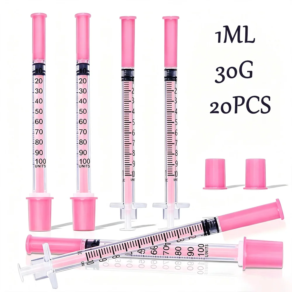 1ml Graduated Syringe with 30g Fine Needle Tip, Pink Push-Rod Needle Tube, Portable Liquid Transfer Dispenser, Set of 20 Pieces, 8mm
