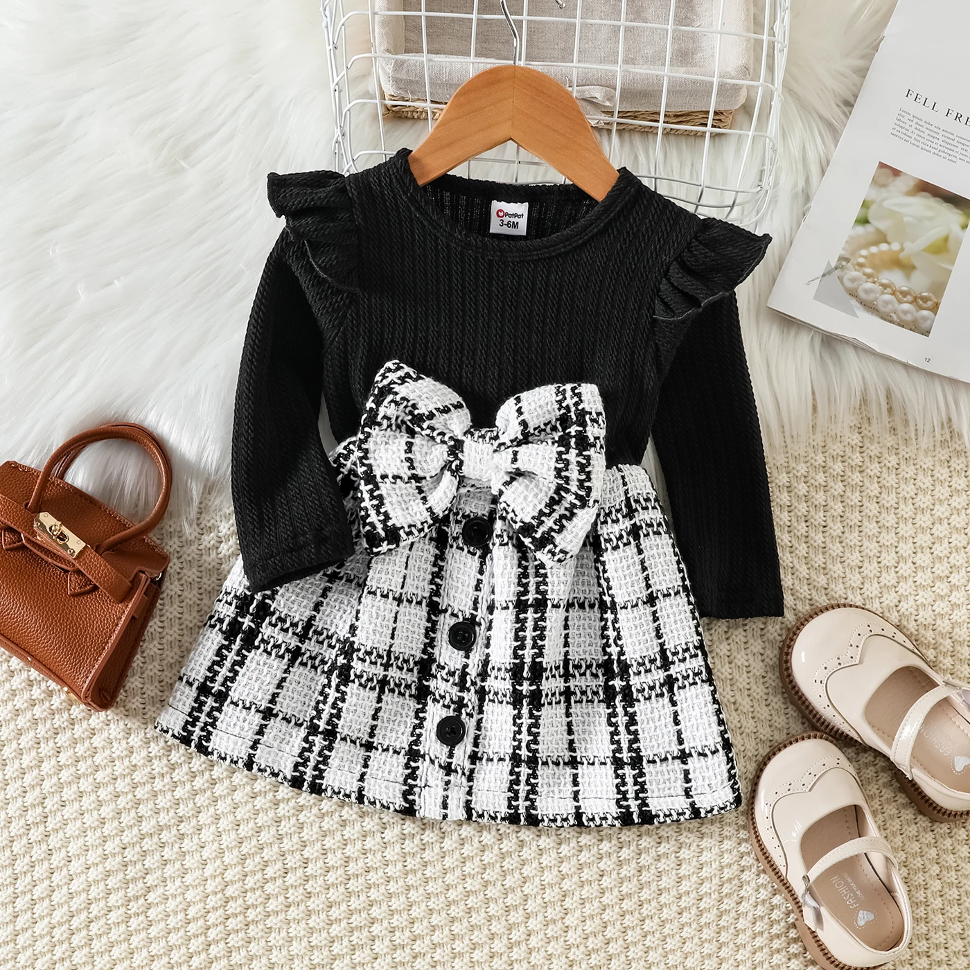 PatPat Baby Girl Solid Rib Knit Ruffle Long-sleeve Spliced Tweed Bow Front Dress