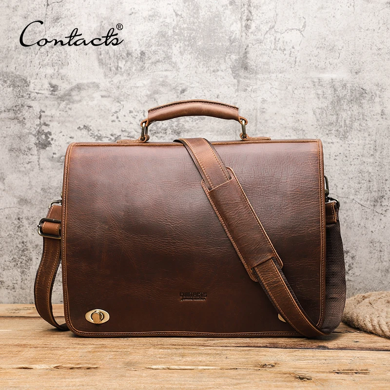 CONTACT'S Business Men Briefcase Crazy Horse Leather Shoulder Messenger Bags Luxury Brand Latop Bag for 15.6 inch Tote Handbags