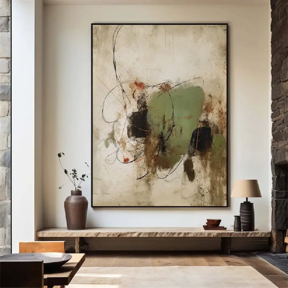 Large Natural Color Modern Wabi Sabi Wall Art Beige and Green Minimalist Wall Art Brown Texture Abstract Geometric Oil Painting