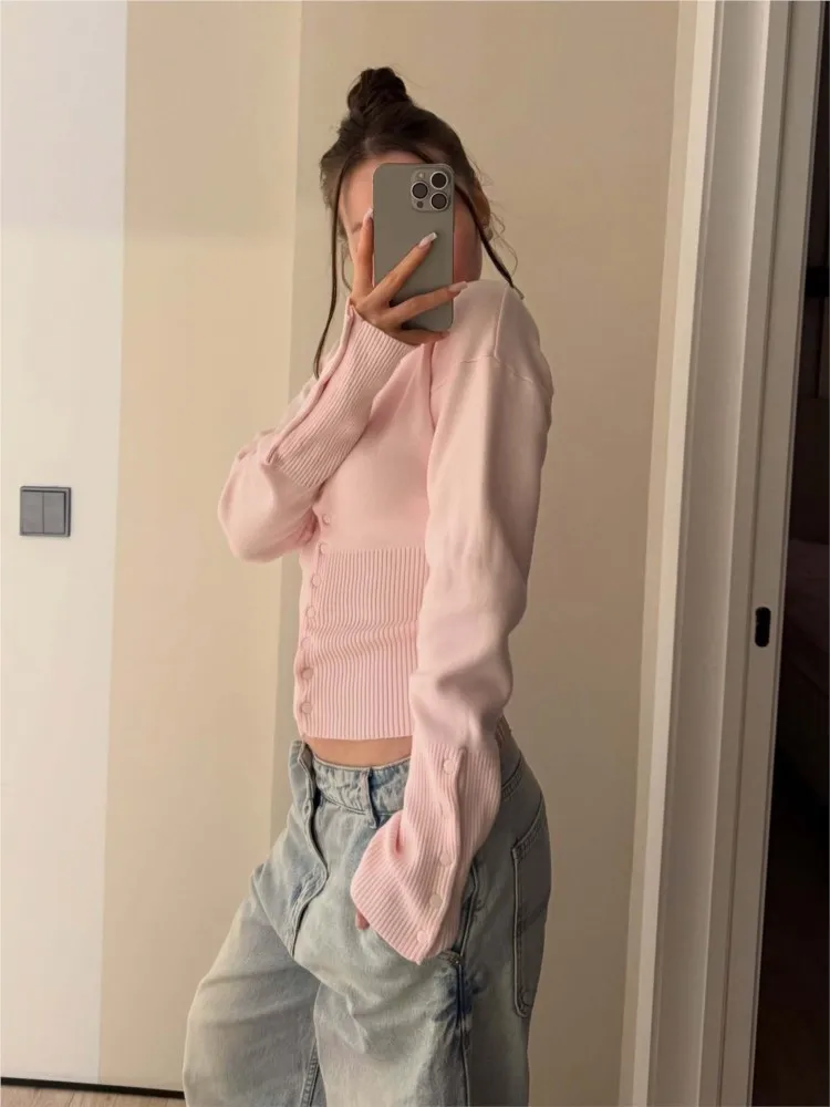 الوردي تويست القطن طويل الأكمام سترة مشغولة من الصوف المرأة زر بسيط عادية نمط Preppy البلوز الحلو لطيف بسيط سترة علوية جديدة