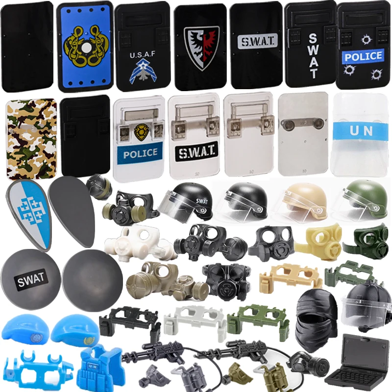 

MOC City Military Building Blocks Accessories Soldier Figure Helmet Gas Mask SWAT Hat Toy Tactical Belt Shield Toy Brick L005