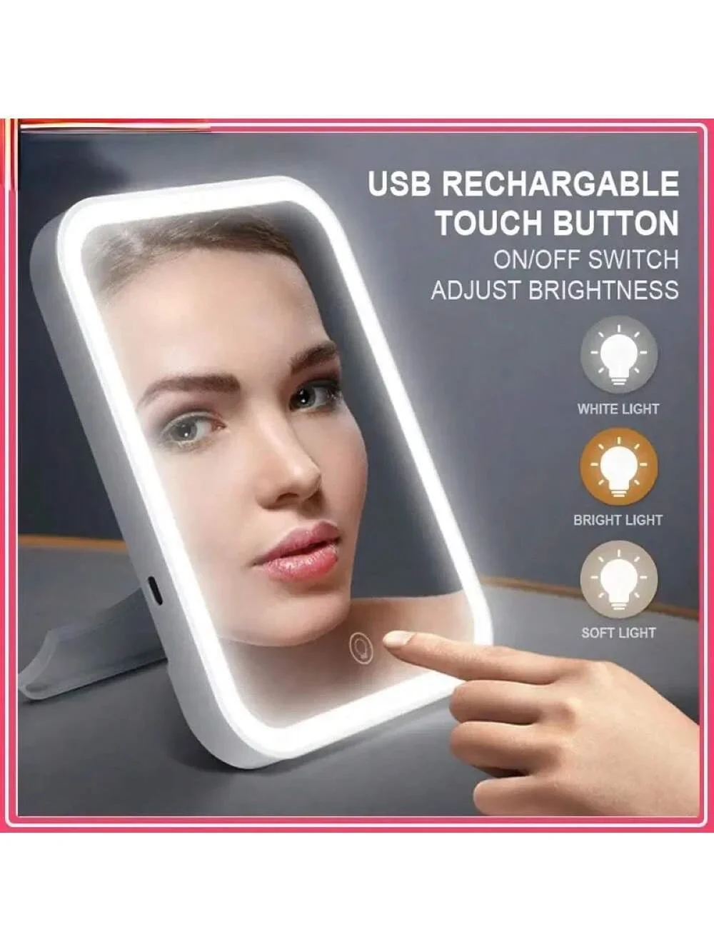 1pc LED Touch Screen 3-Color Portable Standing Folding Makeup Mirror With Rechargeable Battery, Soft And Non-Glaring Light, Comp