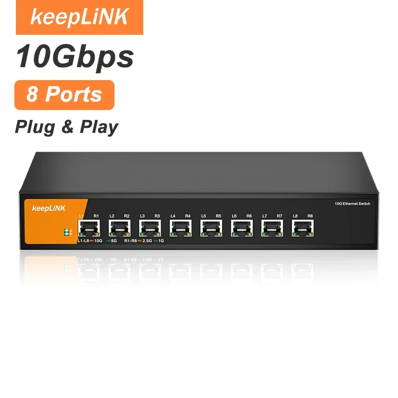 

Коммутатор Ethernet KeepLiNK на 8 портов 10G/Multi-Gig, неуправляемый, настольный/настенный, Plug and Play, прочный металлический корпус