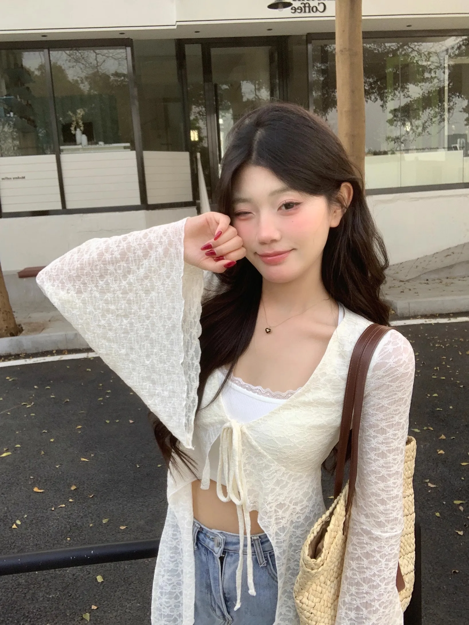 

Lace Oversized Cardigan Y2k E-Girl V-neck Up All-match Shirts Mujer Mid-length Long Sleeve Tops Women 2025 Ropa Camisas