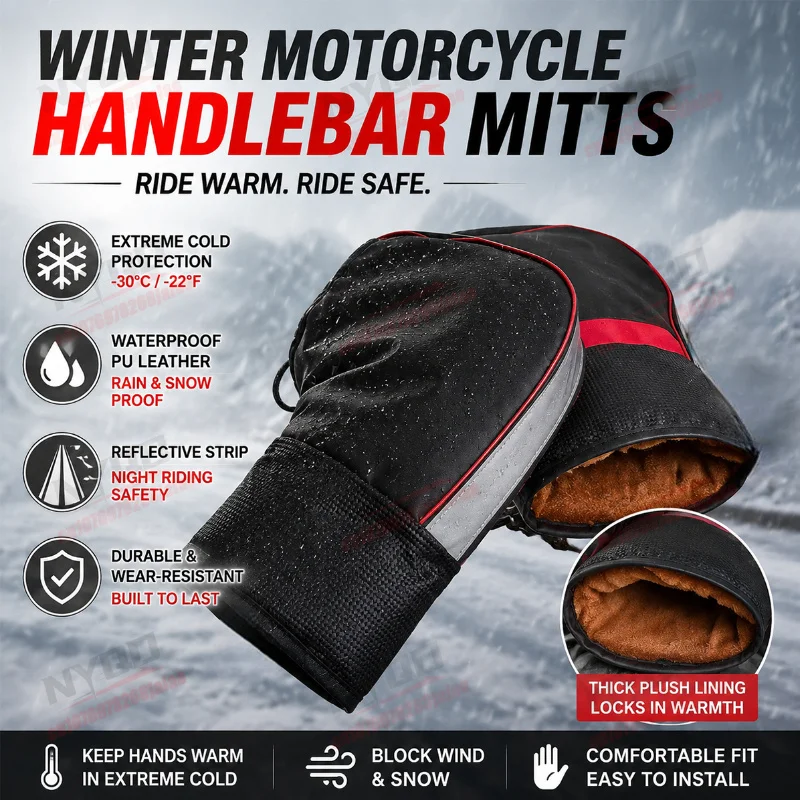Motorcycle Handle Gloves, Winter Warm and Windproof Thick Gloves with Reflective Strips, Suitable for Bicycles and Scooters