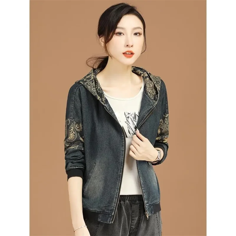 Frauen Retro Gedruckt Casual Mit Kapuze Denim Jacke 2022 Frühling Herbst Neue Weibliche Lose Jacke Baseball Uniform Cowboy Mantel frauen EIN