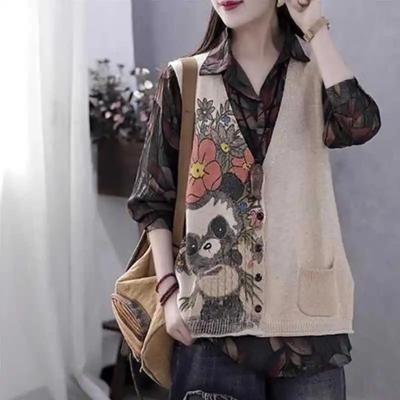 

Knitted Vest Women's New Spring and Autumn Women V-neck Knitted Printed Loose Outerwear Minimalist Casual Sleeveless Vest Top