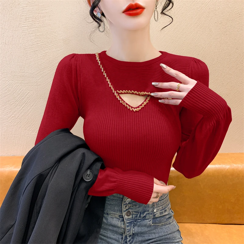 2024 New Fall Winter European Clothes Knitted Sweater Chic Sexy O-Neck Hollow Out Beading Women Long Sleeve Elastic Tops 41050