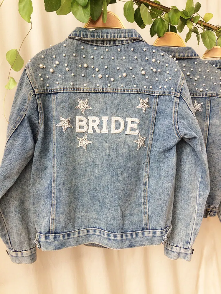 Strass Braut Perle Jeans jacke mit Sternen angepasst Wifey Jeans Jacke Hochzeits mantel Frau personal isierten Namen blauen Mantel