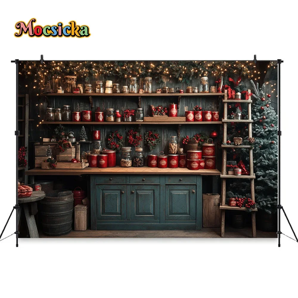 Christmas Kitchen Photography Background Green Rustic Wood Cabinet Wreath Backdrop Decor Winter Chef Kid Cake Smash Photo Studio