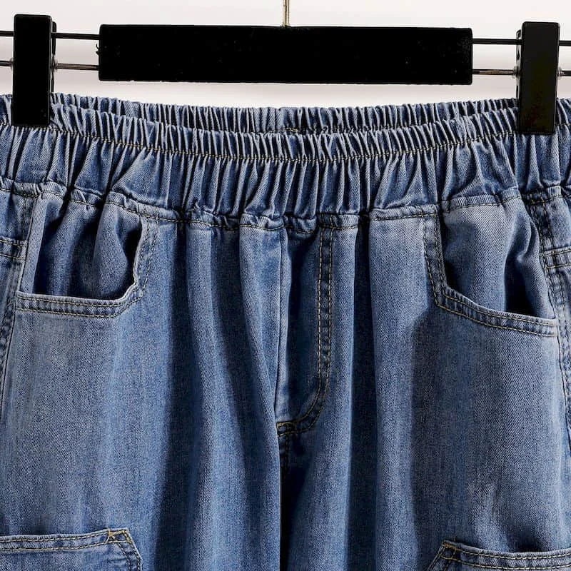 Denim Harem Pants for Women 2026 Summer Workwear Casual Tapered Pants Korean Style Elastic Waist Capri Pants Vintage Clothes
