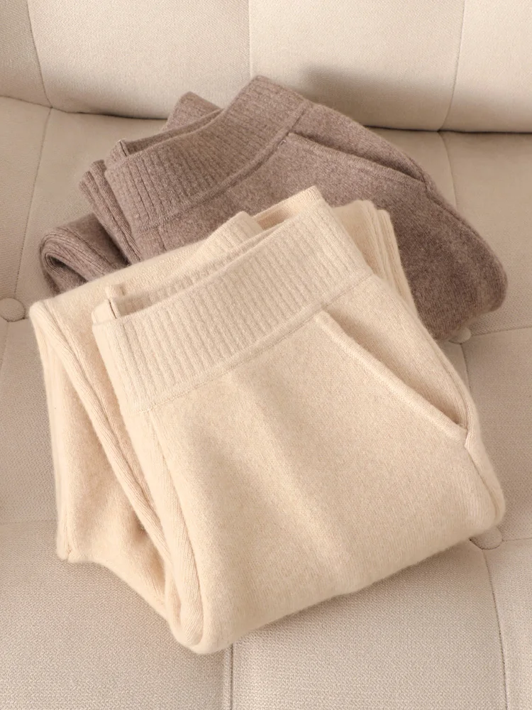 Autumn Winter Women's Pencil Pants 100% Merino Wool Pants Knit Wide Leg Basic Thick Warm Cashmere Trousers Elastic Casual Pants