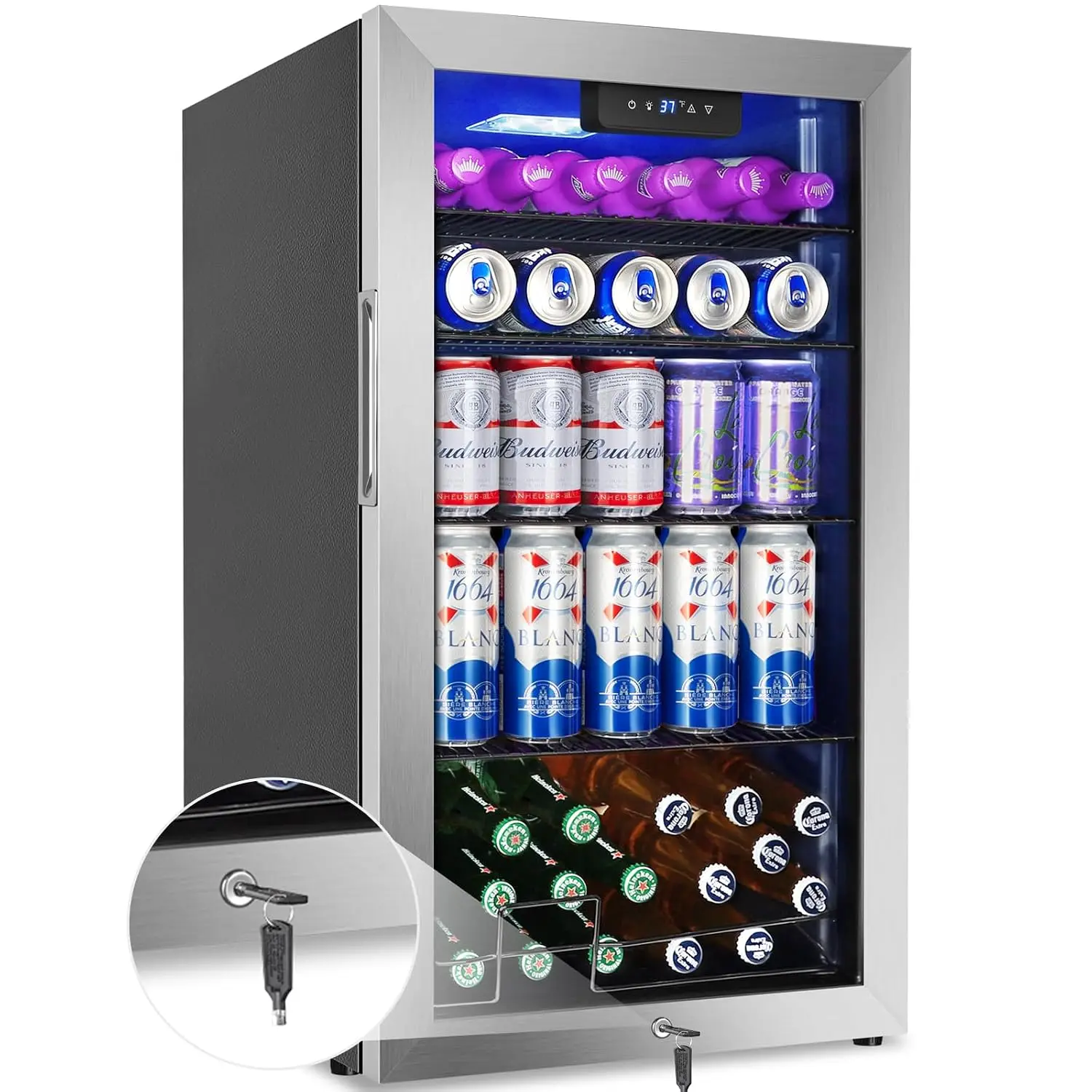 Stainless Glass Door Beverage Fridge 128 Can Lock Home Bar Office, Customized