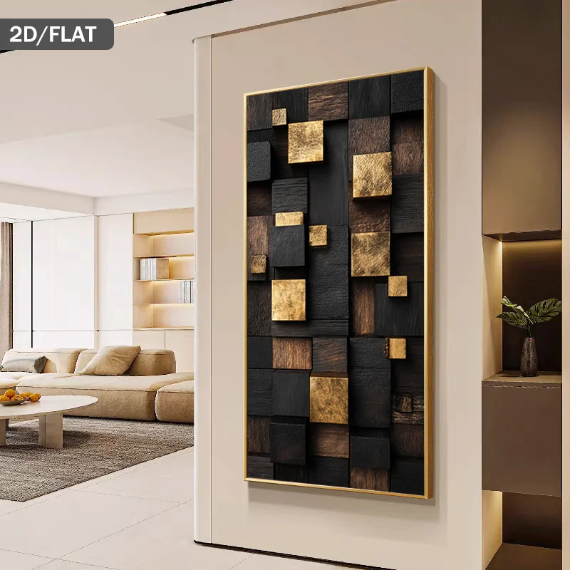 2D Flat  Modern Abstract Golden Cubes  Wooden Background Print Art Wall Art, Canvas Painting Art, for Living Room  Decor, No Fra
