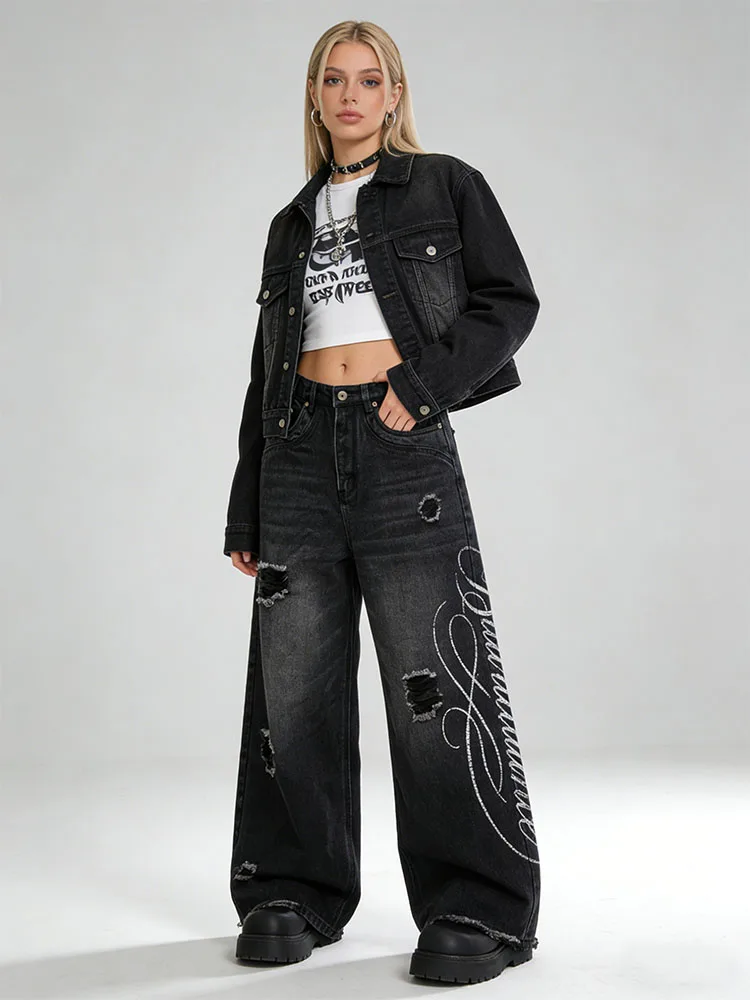 

Loose jeans Y2K slit wide leg denim pants black worn-out bright print high waisted casual streetwear retro pants