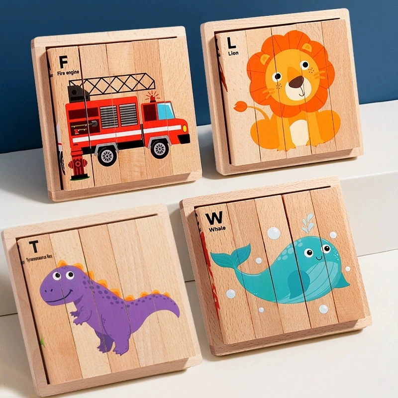 Stereoskopische Streifen-Tiertransportbausteine aus Holz, Verkehrs-Dinosaurier-Puzzle, Aufklärungsspielzeug, 4-seitiges Muster-Puzzle
