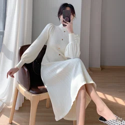 Knitted Dress For Women Elegant Turtleneck Long Lantern Sleeve Single Breasted Loose Vestidos Fashion 2024 Office Lady Knit Robe