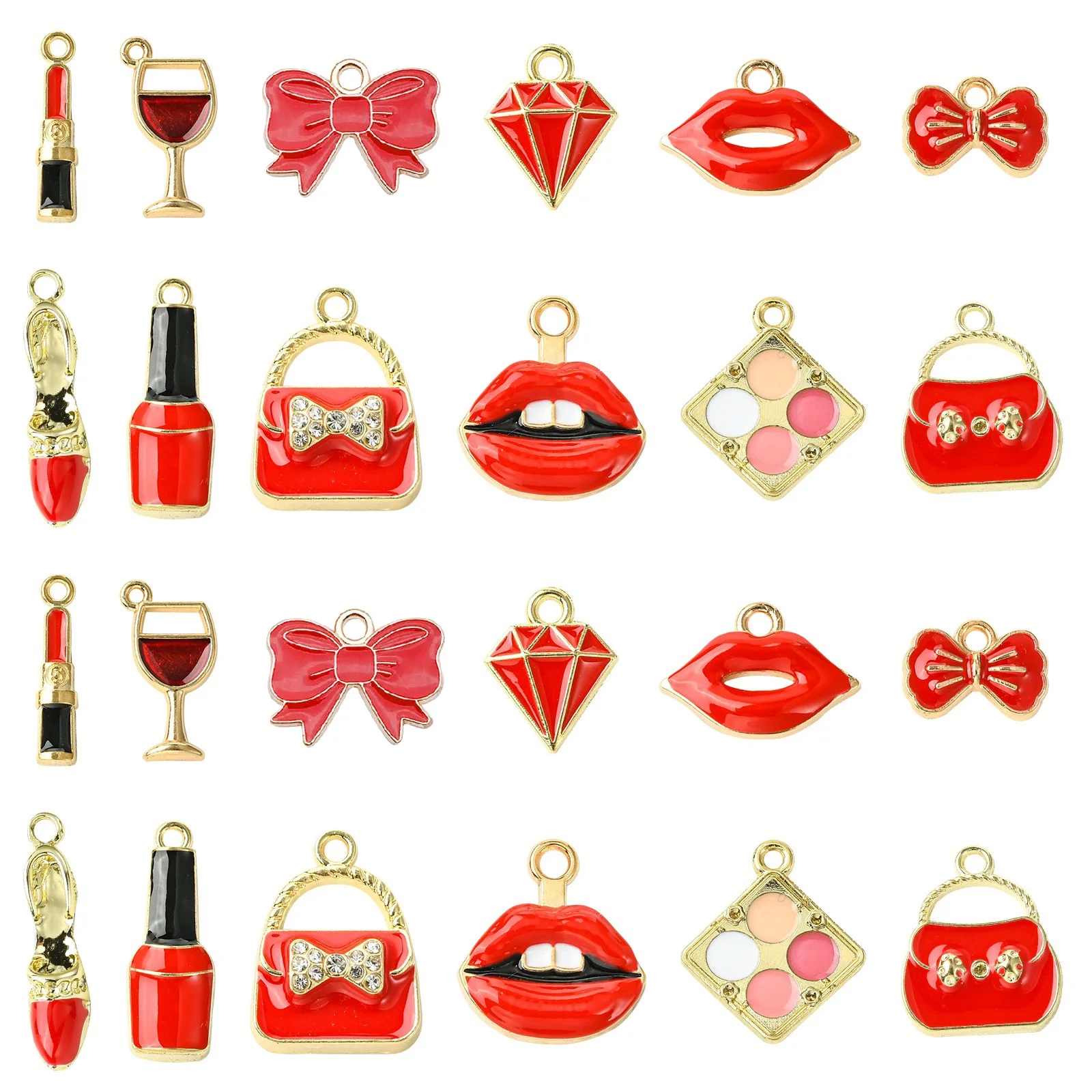 Pandahall 60Pcs 12 Styles Enamel Makeup Charms Fashion Lipstick Purse Bow Charms Pendants for Necklace Bracelet Jewelry Making