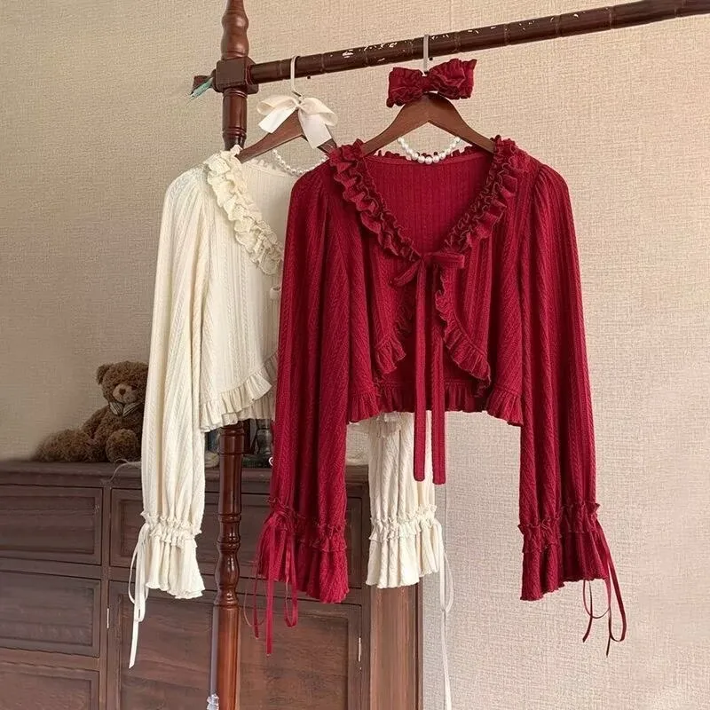 Japanese Lolita Knit Cardigan Women Kawaii Ruffles V Neck Crop Y2k Top Cute Bow Long Sleeve Knitted Coat Spring Casual Outerwear