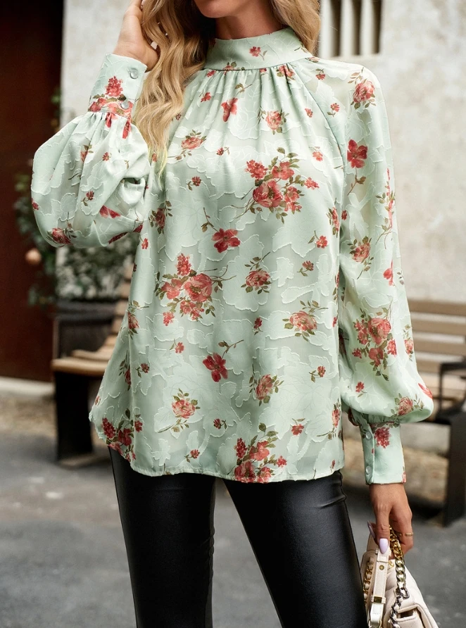 

Women's Style Commuter Top 2024 Autumn New Elegant Lantern Sleeve Shirt Women's Fashion Loose Pullover