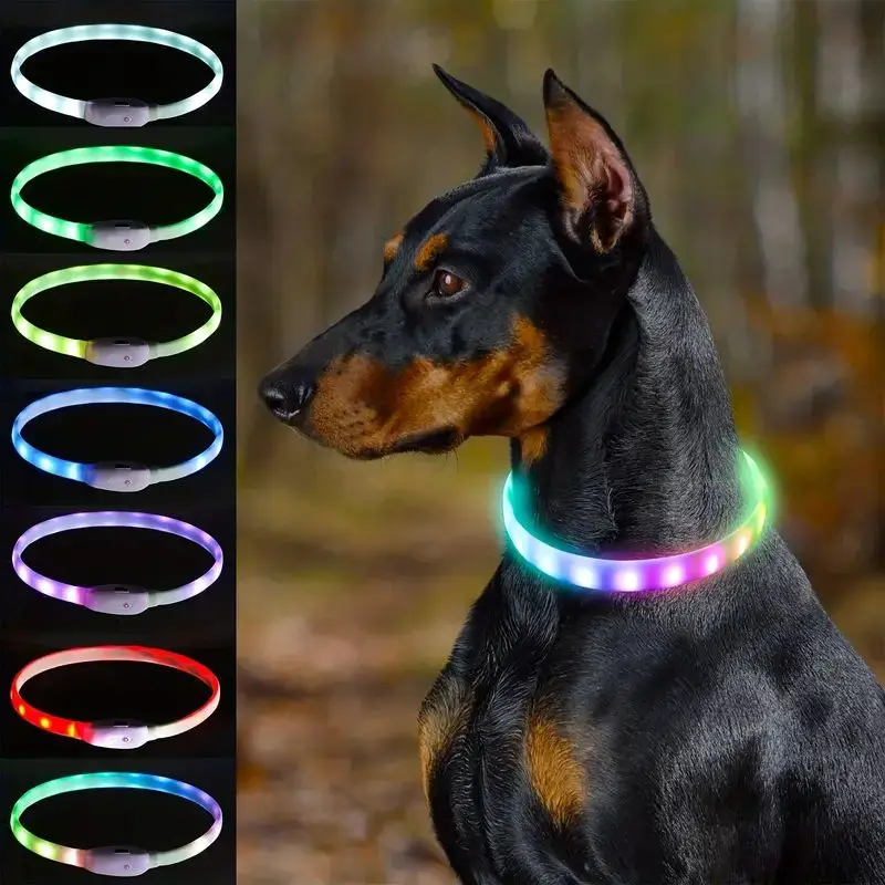 Multi-Color USB Rechargeable LED Dog Collar, TPU Cuttable Size Glow Collar For Dogs Walking At Night, 6 Solid Colors Steady Glow