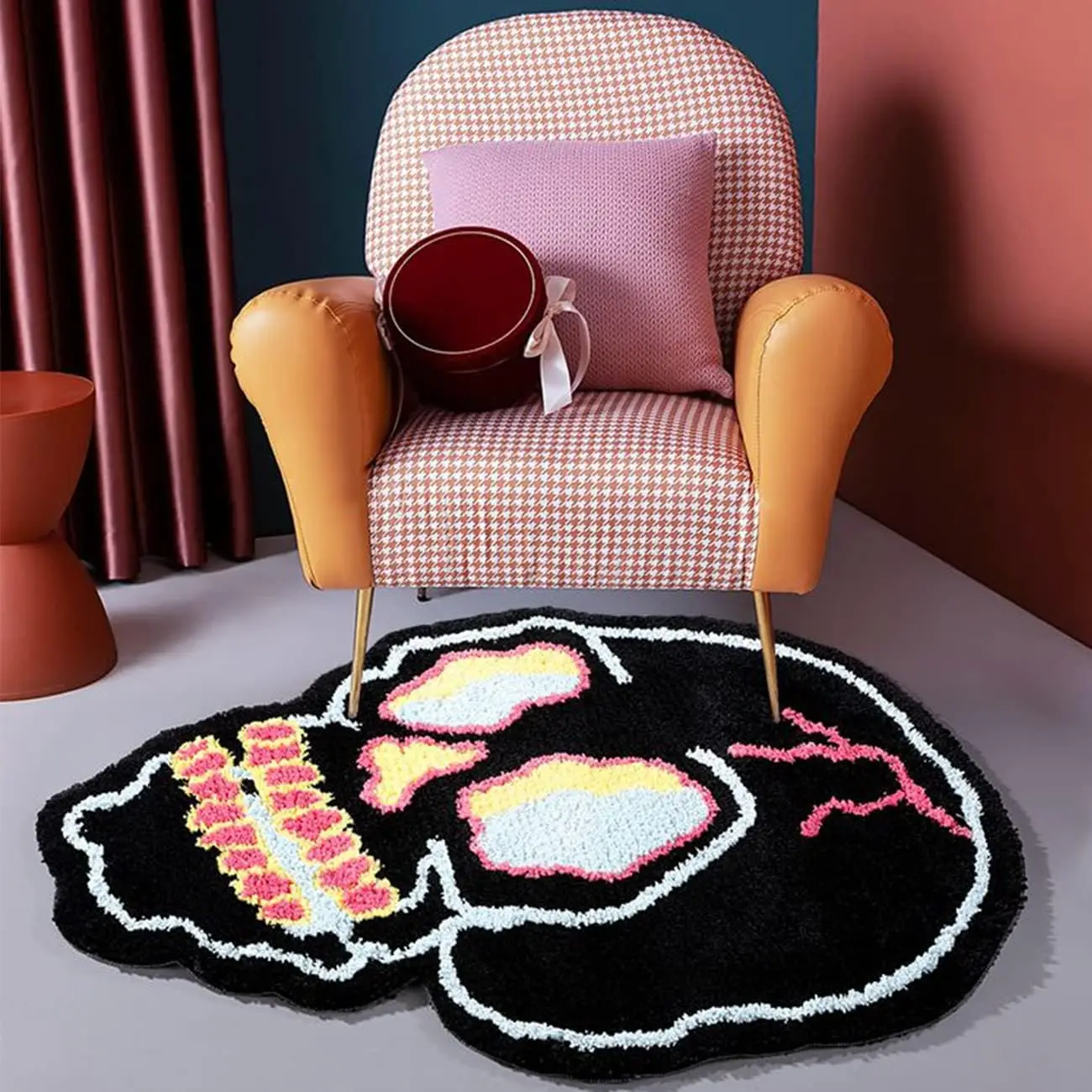 Y2K Aesthetic Colorful Lips Plush Rug, Black Cartoon Mouth Shaped Non Slip Tufted Mat for Bedroom Living Room Decoration