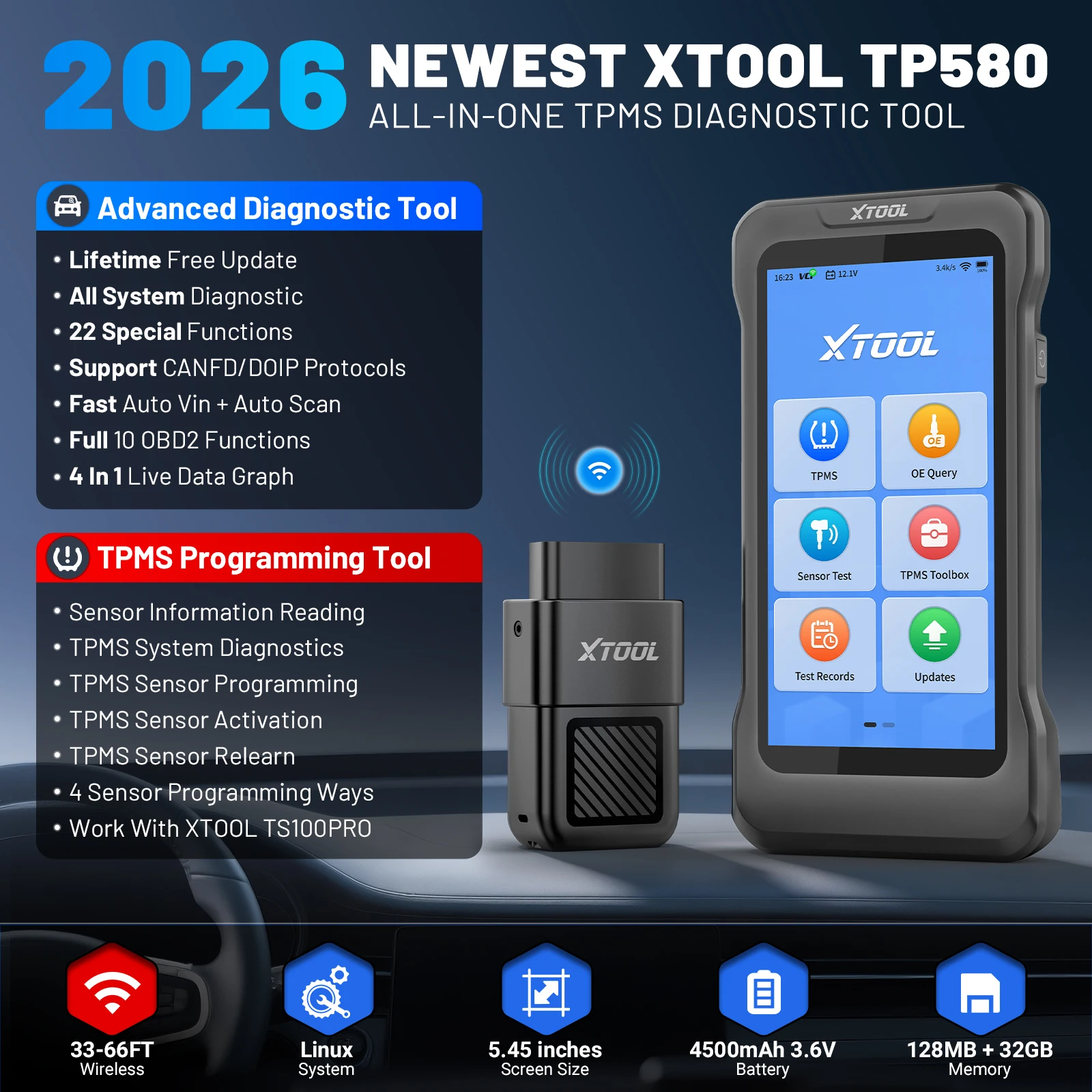 XTOOL TP580 All System Automotive Diagnostics TPMS Tire Pressure Programming 4-in-1 Data Stream Lifetime Free Updates CANFD DOIP