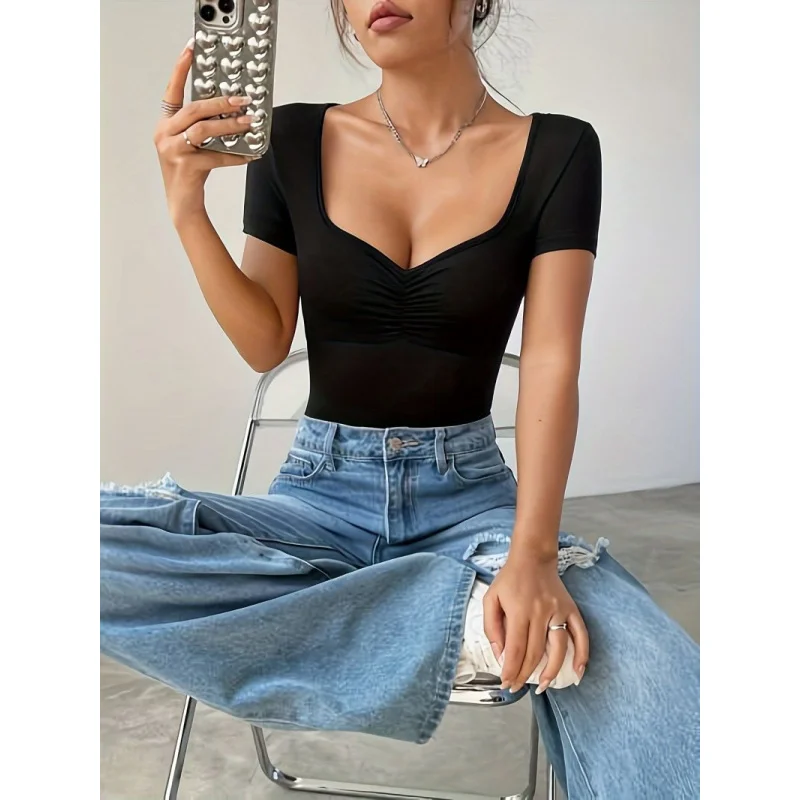 

Black square neck sexy women's autumn and winter slim-fit jumpsuit, solid color casual women's street style jumpsuit