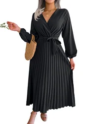 Women's Elegant Cross V-neck Lace-up Solid Pleated Dresses 2026 Spring Summer Office Lady Lantern Long-sleeved A-line Long Dress