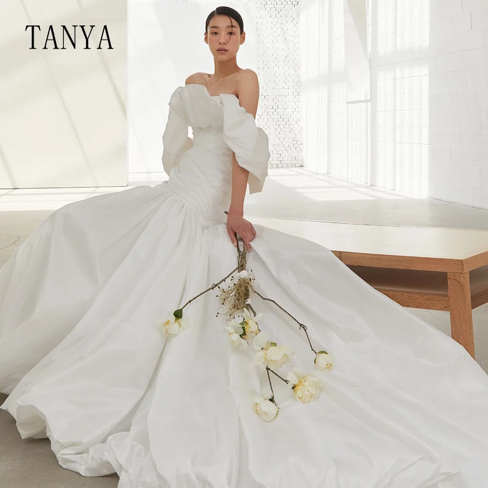 Off The Shoulder Taffeta gaun pernikahan baru gaun pengantin ketat elegan kereta tanpa tali bahu jubah pengantin de mariee TSWD318