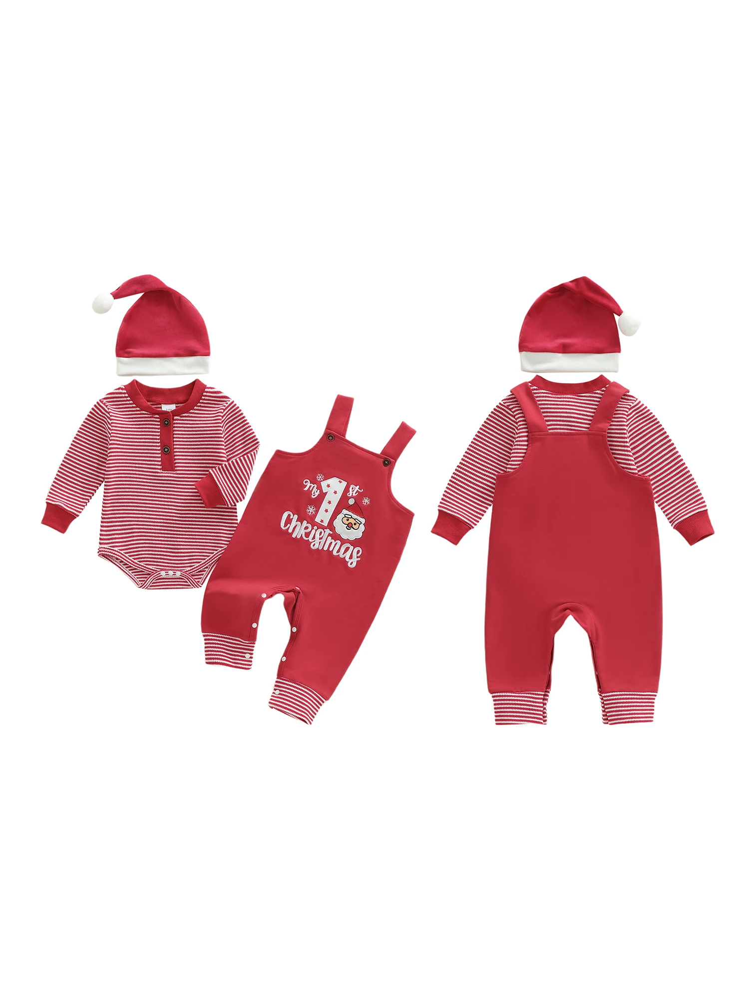 Adorable Christmas Kids 3 Piece Set with Festive Long Sleeve Striped Jumpsuit Santa Letter Print Overalls and Matching Hat