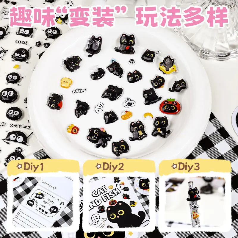 1PC Cute Black Cat + Coal Ball Elf Theme 3D Embossed Sticker for DIY Scrapbook Phone Case Decoration Gift Craft Supplies image 6