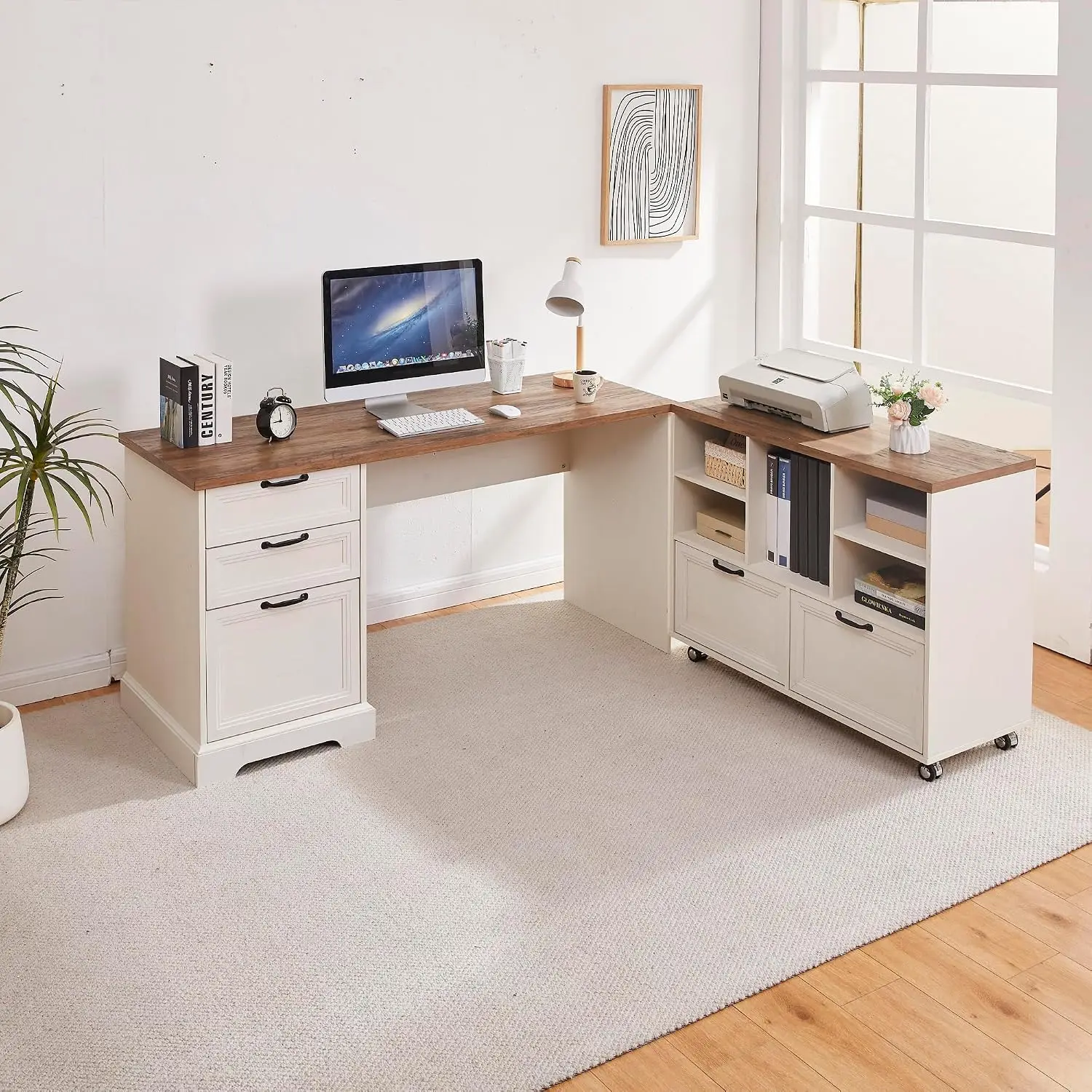 L-Shaped Executive Desk With File Cabinet, Farmhouse Office Desk With Charging Station, Wood Desk For Work Study, Customized