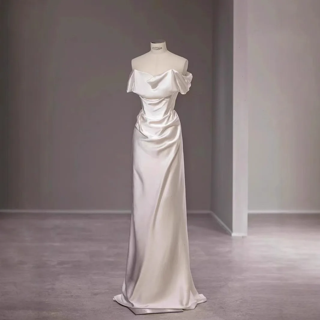 PJN NEW Mermaid Formal Long Evening Party Dress Women White Satin Off Shoulder Reception Wedding Snapshot Graduation Dresses