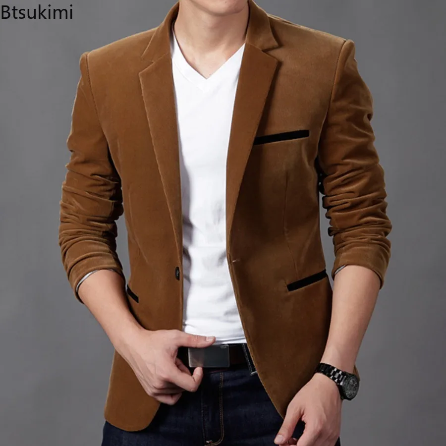 

2024 Men's Corduroy Blazer Jackets Spring Autumn Fashion Business Casual Slim Suit Coats Men Wedding Groom Tops Stage DJ Costume