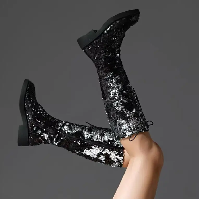Bling Gold Peacock Green Sequins Knee Boots Round Toe Thick Sole Zipper Side Woman Winter Lace- Up Stage Performance Boots Woman