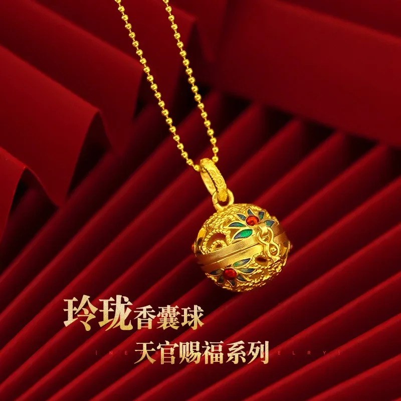 9999 real gold 24K yellow gold Sachet Pendant Women\'s Hollow Censer Pendant