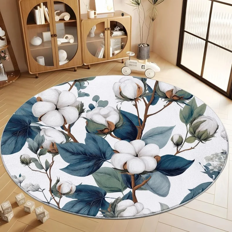 Vintage Cotton Flower Round Rug Delicate Blue Green Leaf Botanical Circular Floor Mat Non Slip Minimal Farmhouse Style Table Mat
