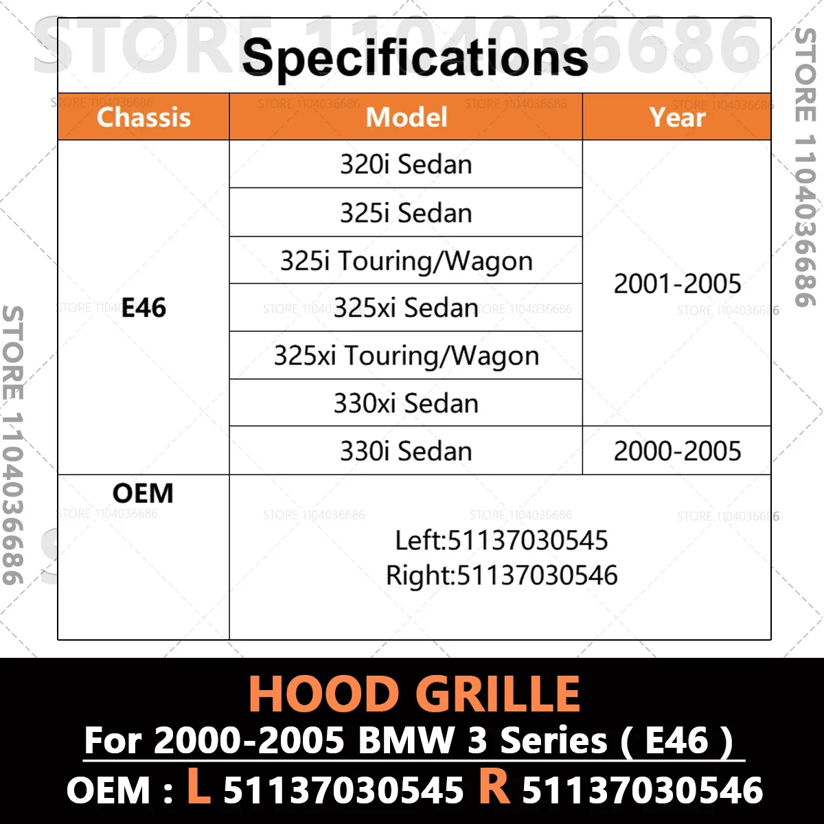For 2000-2005 E46 BMW 320i 325i 325xi 330i 330xi Chrome and Black Kidney Front Hood Grille 51137030545 51137030546