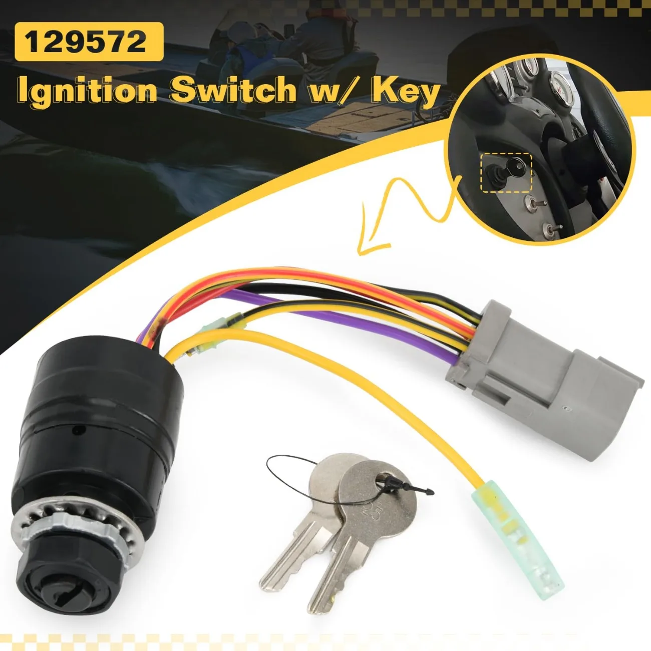 129572 Boat Ignition Switch 2 Keys 3 Position 6 Wire Connectors for Marine ignition systems 87-17009A2 87-17009A5 Accessories