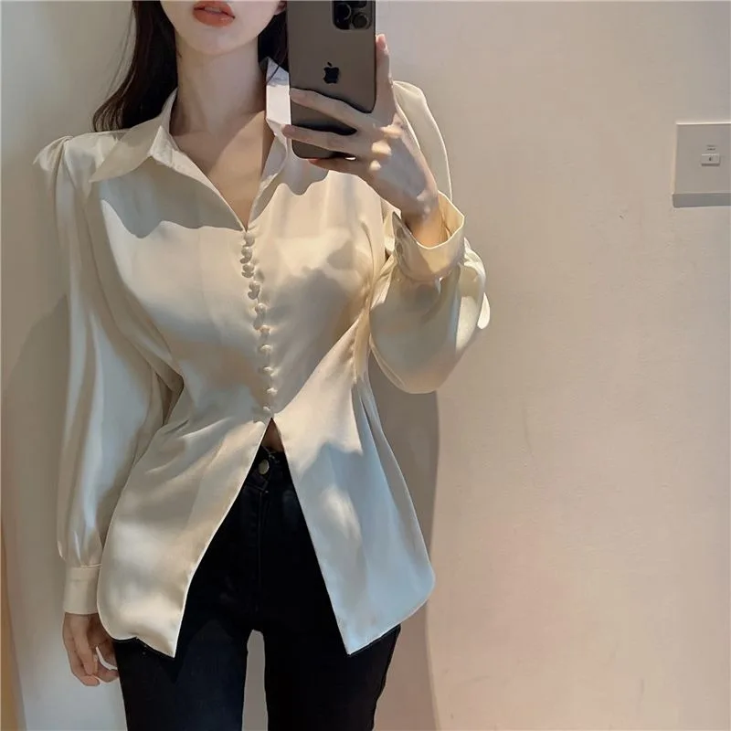 

Silk Satin Women's Shirt Knot Bubble Sleeve Waist in Tie Asymmetrical Slit Regular Sleeve Long Sleeve Breathable Sk...