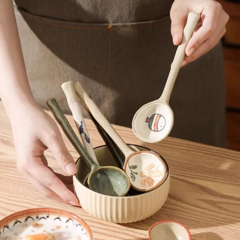 Hand-Painted Ceramic Spoons Colorful Tea/Dessert Spoons for Kitchen, Table Setting Gift Vintage Long Handle Dessert Spoon