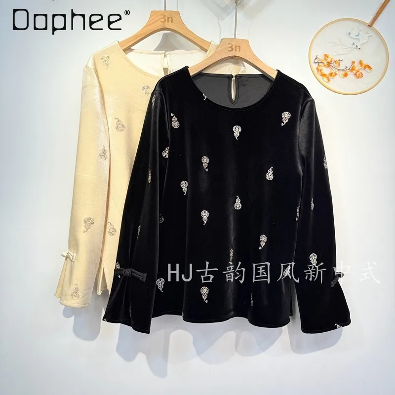 

Новинка 2026: Вельветовый топ в китайском стиле, ретро, с круглым вырезом, длинным рукавом, женский, черный, с вышивкой, свободный, повседневный