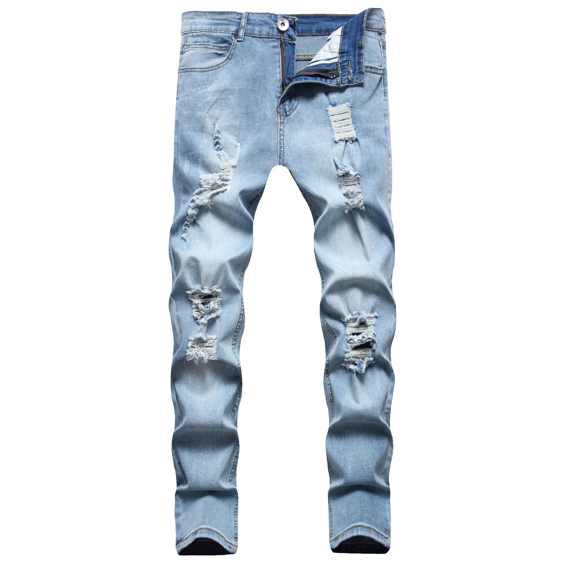 Jeans Men Hole Distressed Pencil Pants Slim Fit Vintage Zipper Fly Pockets Solid Colour Washed Denims Ankle Length Trousers