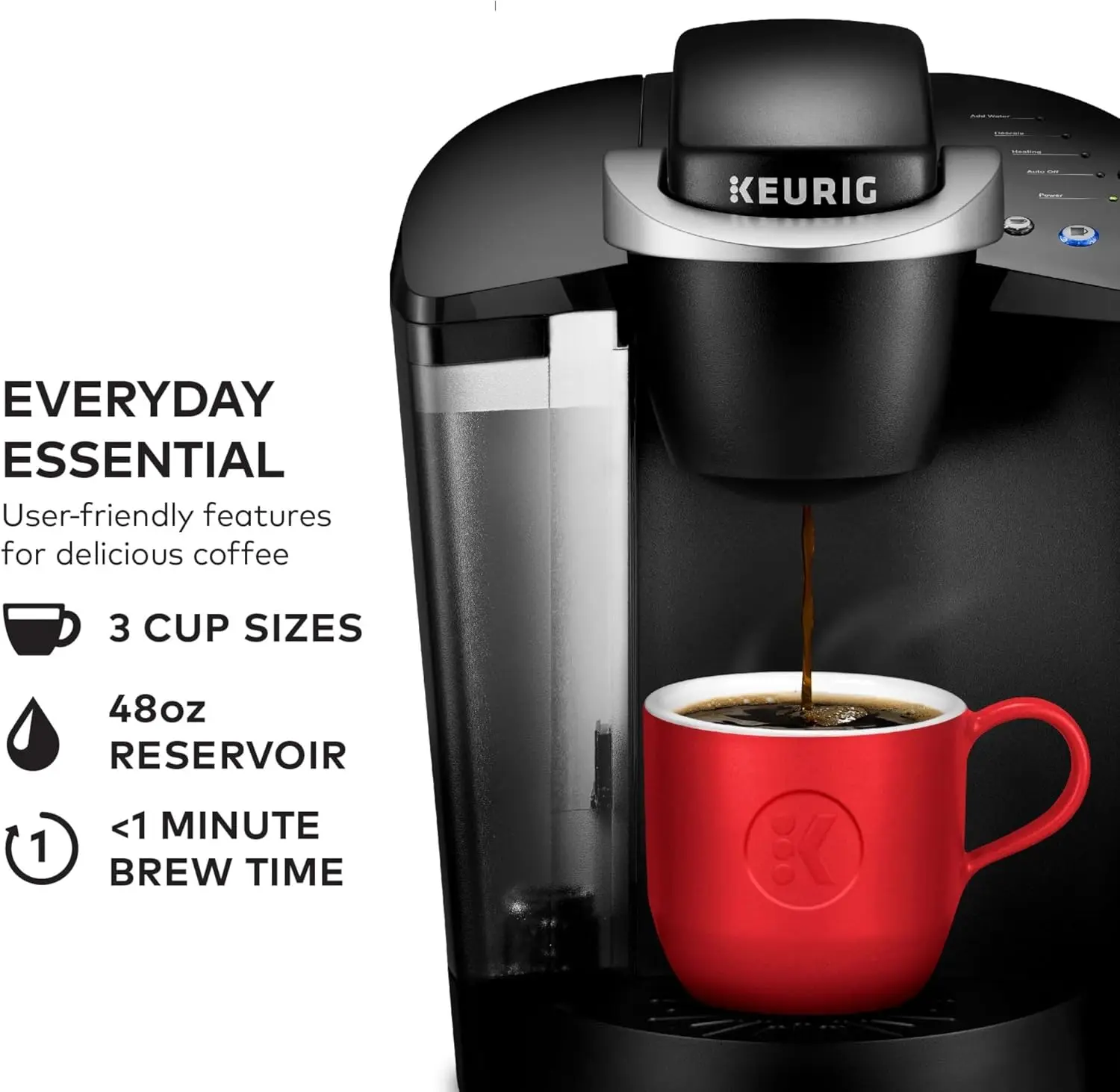 K-Classic Single Serve K-Cup Pod Coffee Maker, with 3 Brew Sizes, 48oz Removable Reservoir, Black